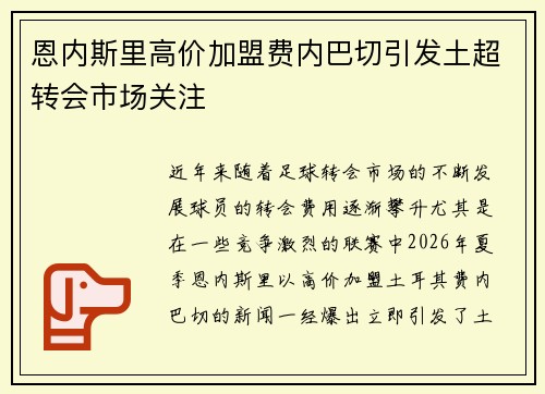 恩内斯里高价加盟费内巴切引发土超转会市场关注 恩内斯里高价加盟费内巴切引发土超转会市场关注