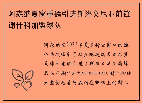 阿森纳夏窗重磅引进斯洛文尼亚前锋谢什科加盟球队