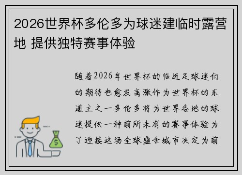 2026世界杯多伦多为球迷建临时露营地 提供独特赛事体验