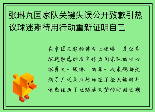 张琳芃国家队关键失误公开致歉引热议球迷期待用行动重新证明自己